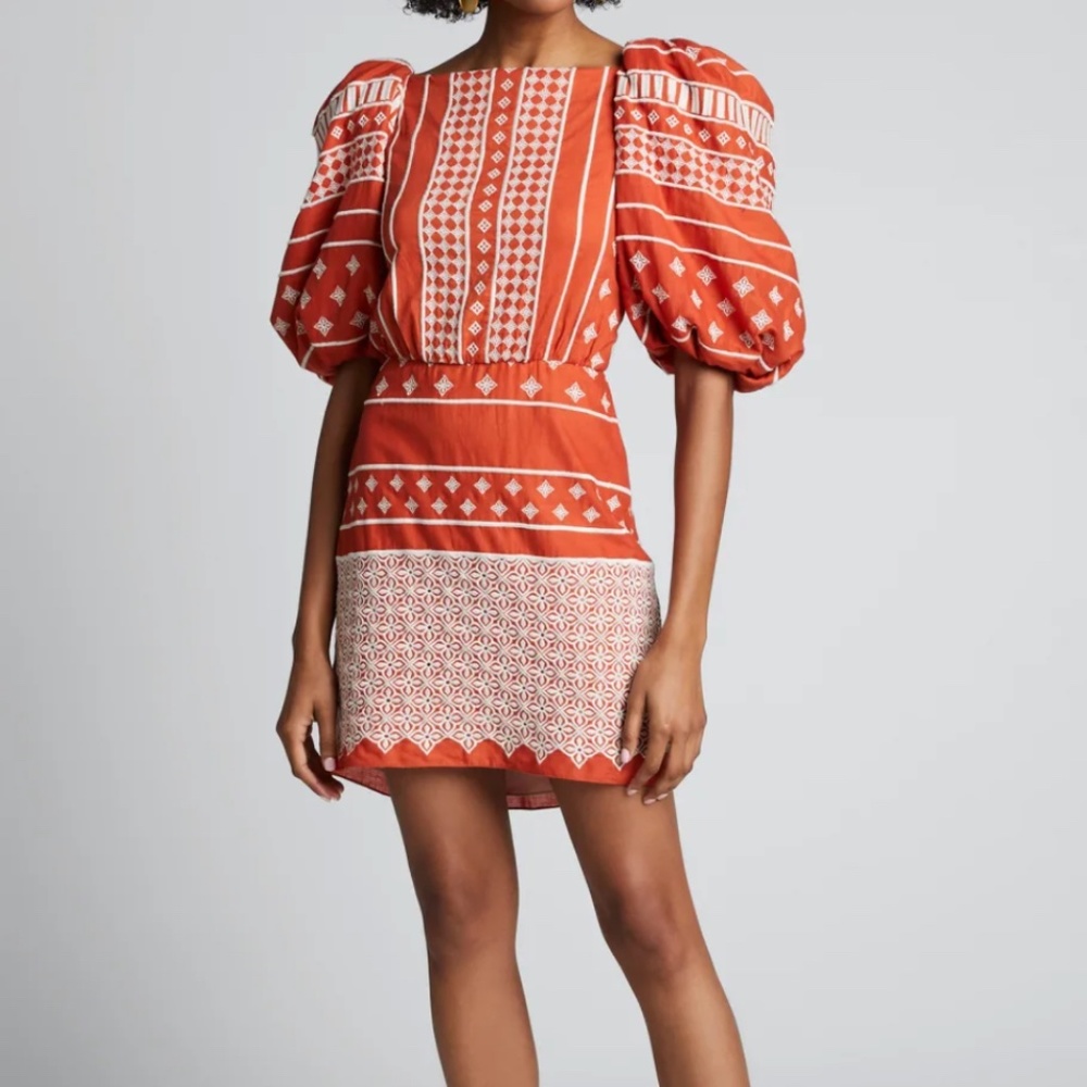 NWT Johanna Ortiz Himalayas Embroidered Puff-Sleeve Mini Dress Size 2